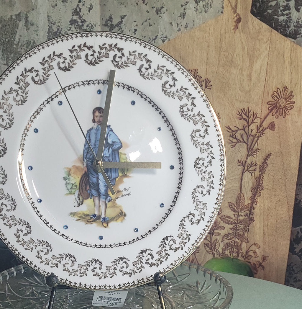 Vintage “Blue Boy” Fine China Plate Clock with Crystal Accents