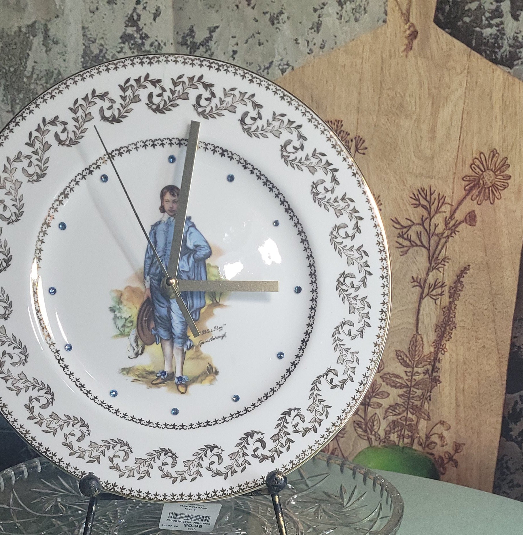 Vintage “Blue Boy” Fine China Plate Clock with Crystal Accents