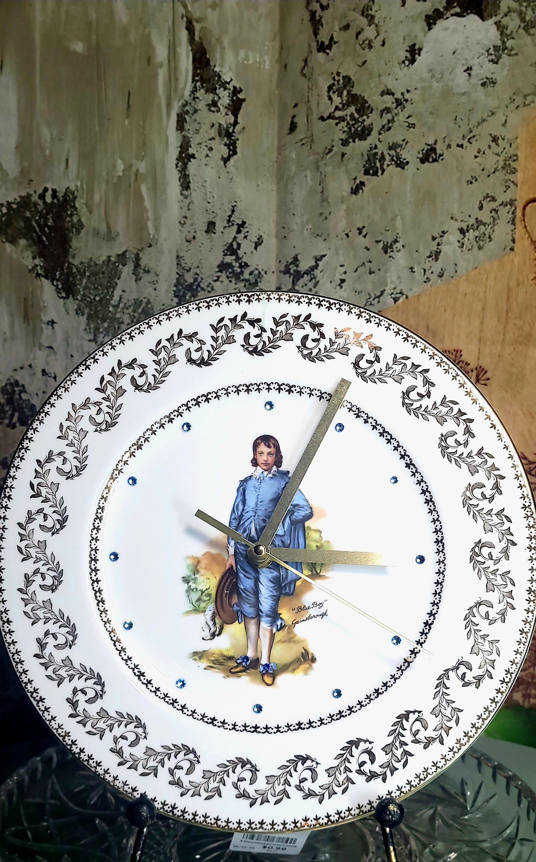 Vintage “Blue Boy” Fine China Plate Clock with Crystal Accents