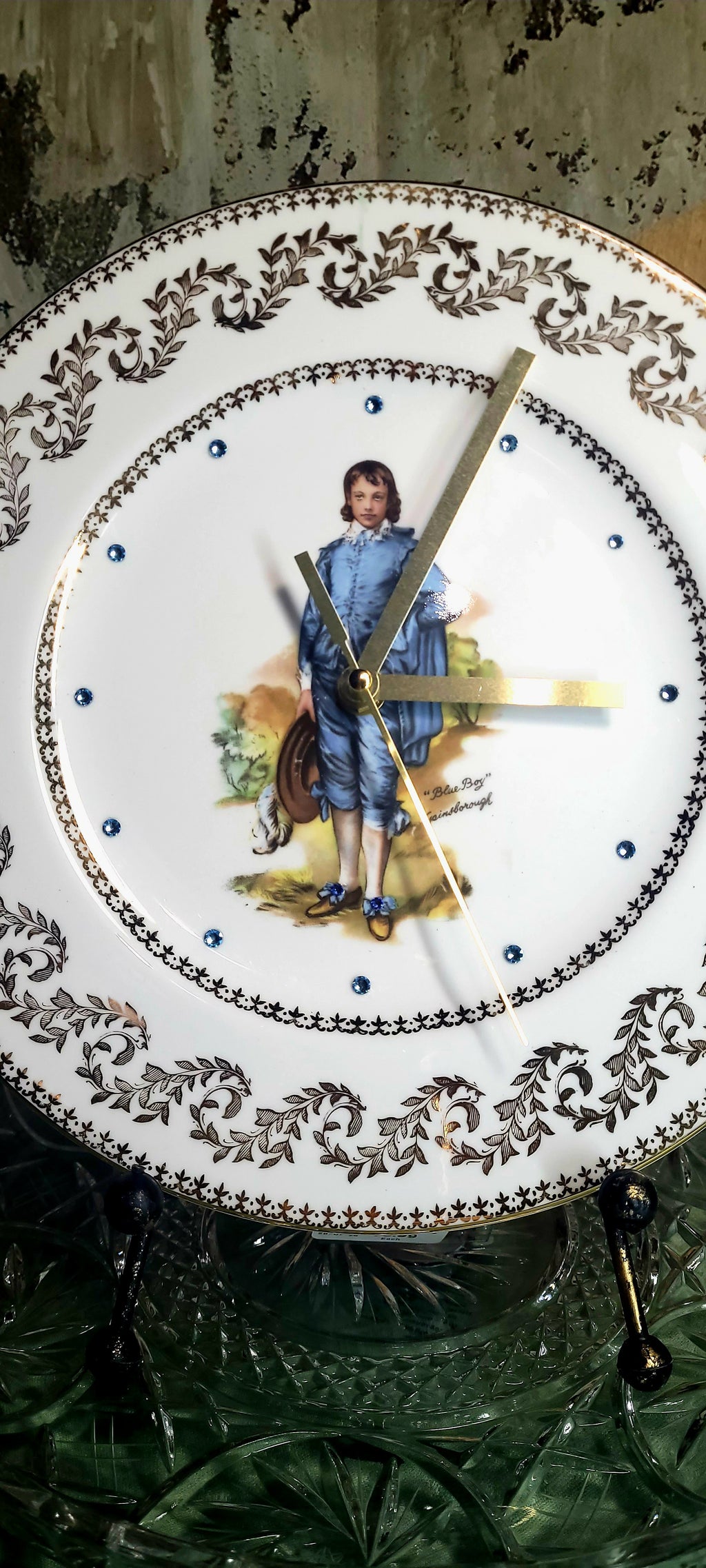 Vintage “Blue Boy” Fine China Plate Clock with Crystal Accents