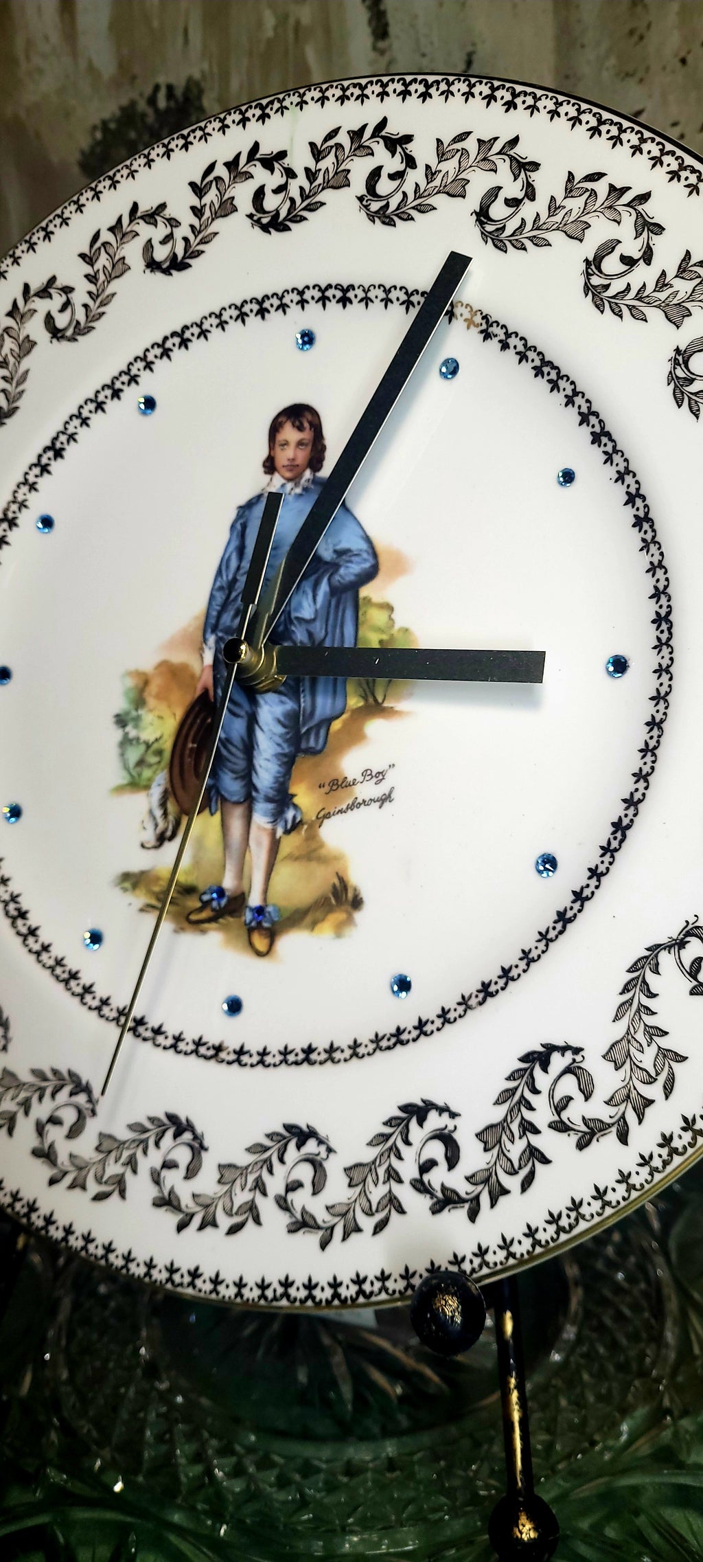 Vintage “Blue Boy” Fine China Plate Clock with Crystal Accents