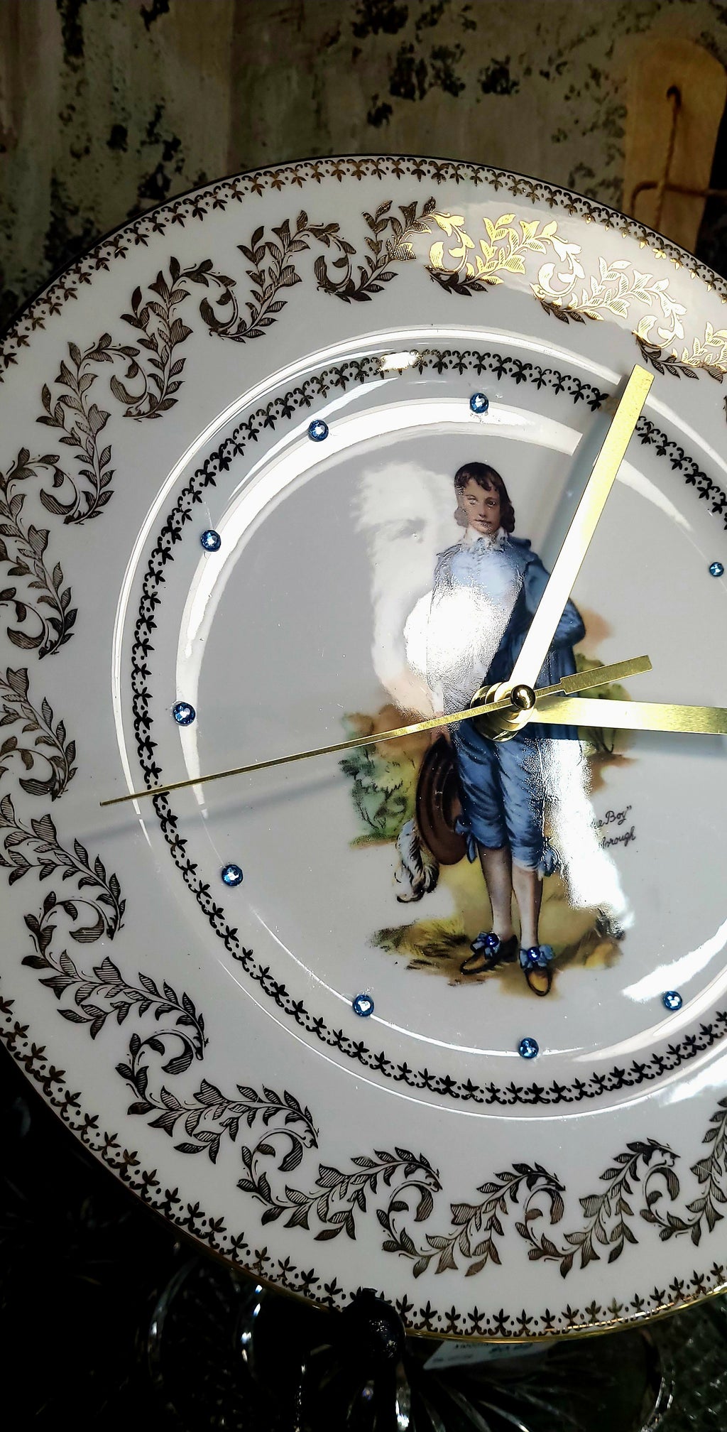Vintage “Blue Boy” Fine China Plate Clock with Crystal Accents