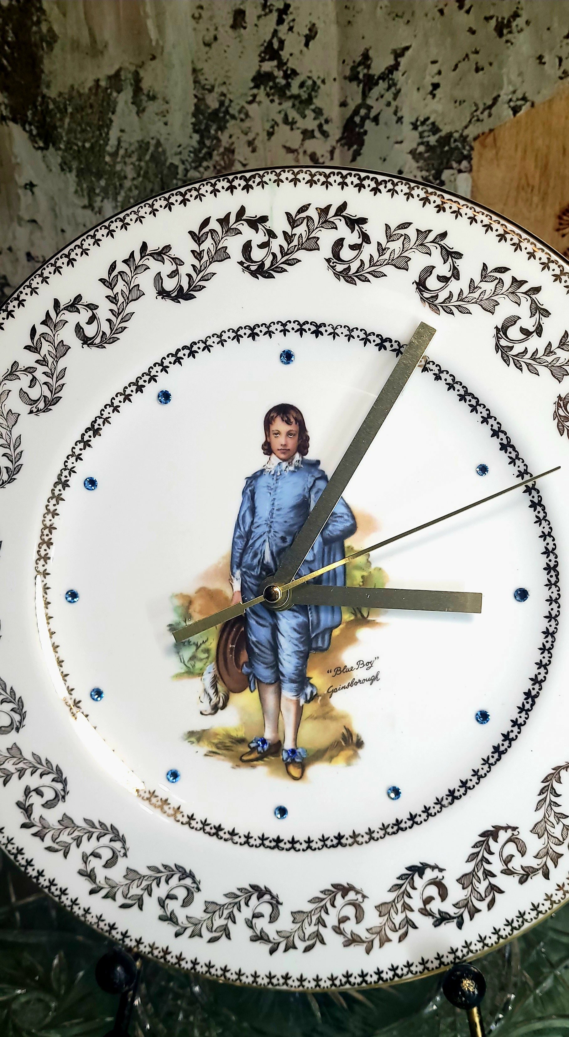 Vintage “Blue Boy” Fine China Plate Clock with Crystal Accents