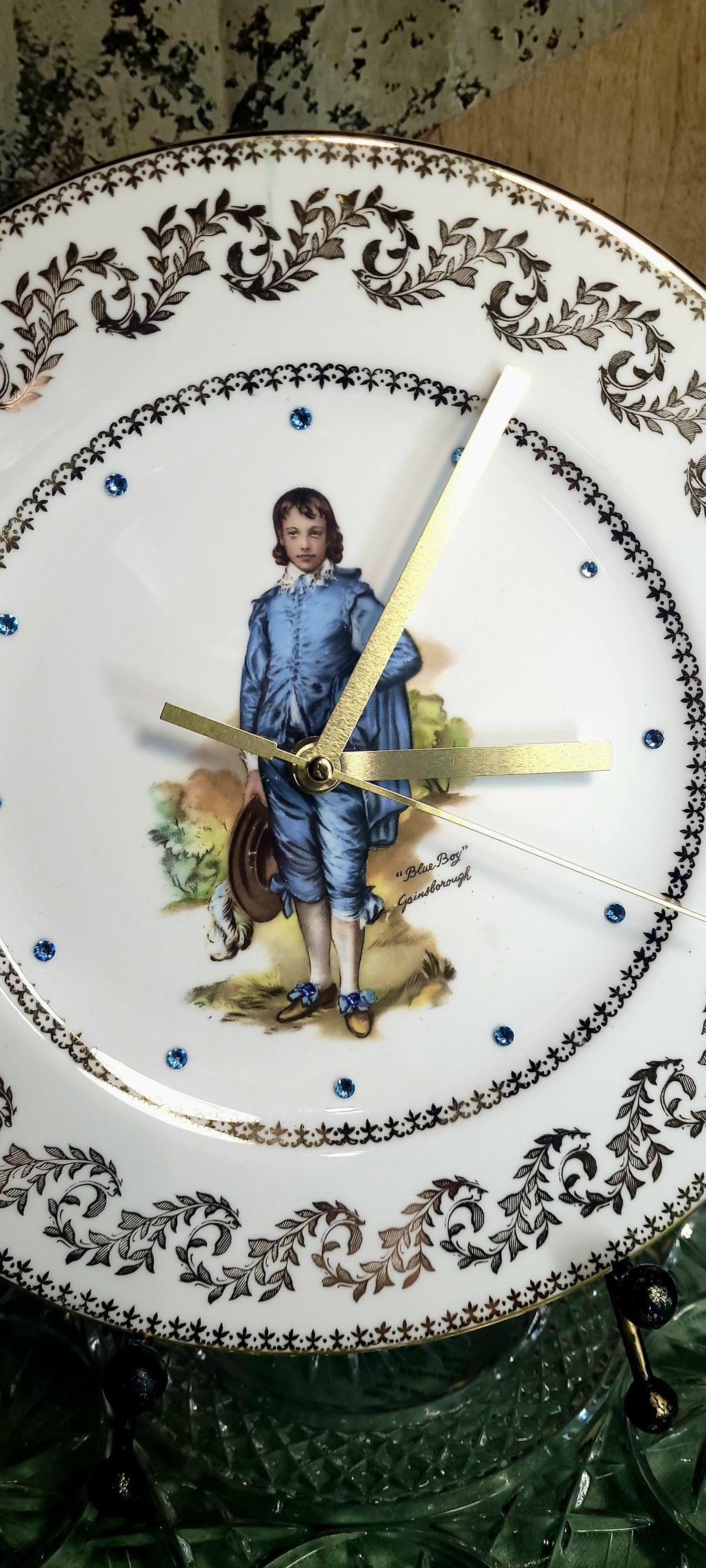 Vintage “Blue Boy” Fine China Plate Clock with Crystal Accents