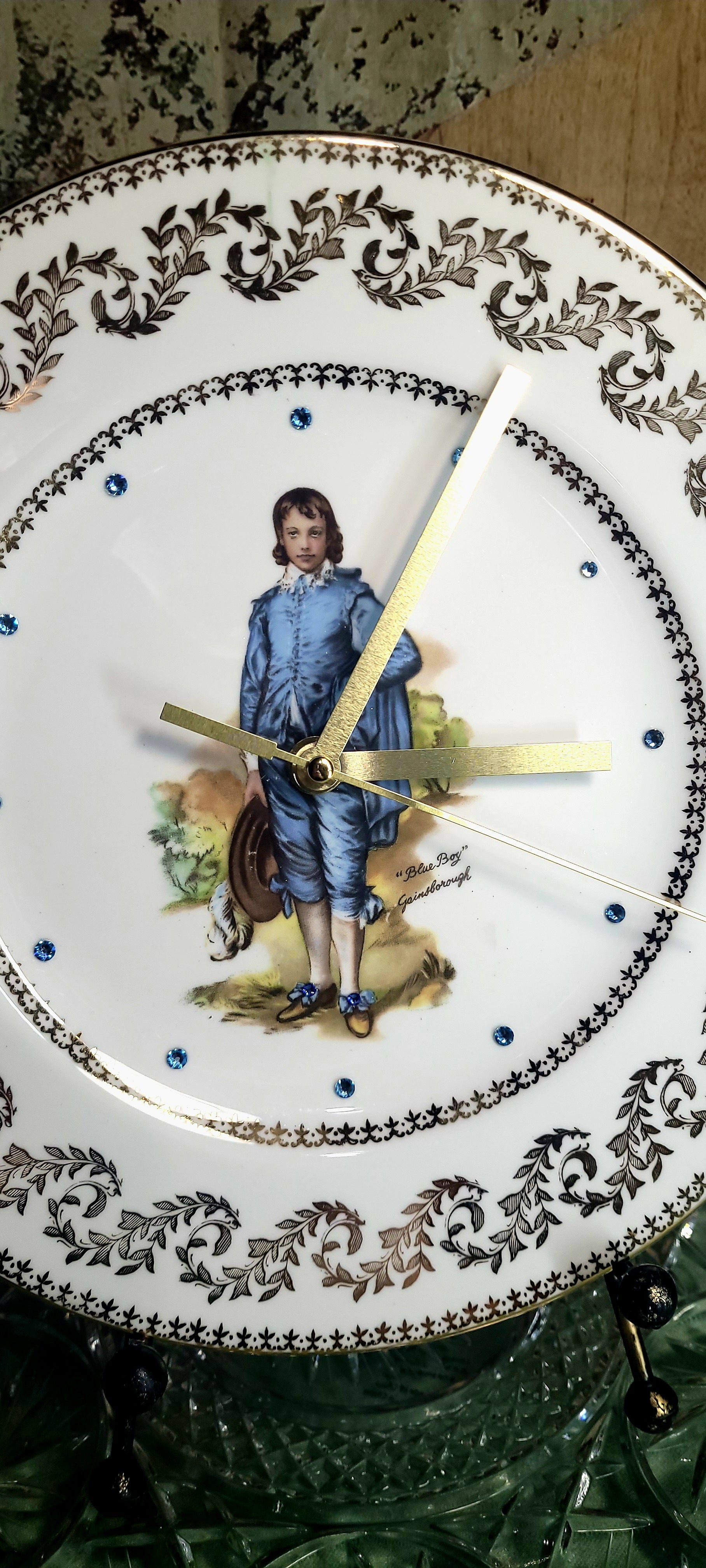 Vintage “Blue Boy” Fine China Plate Clock with Crystal Accents