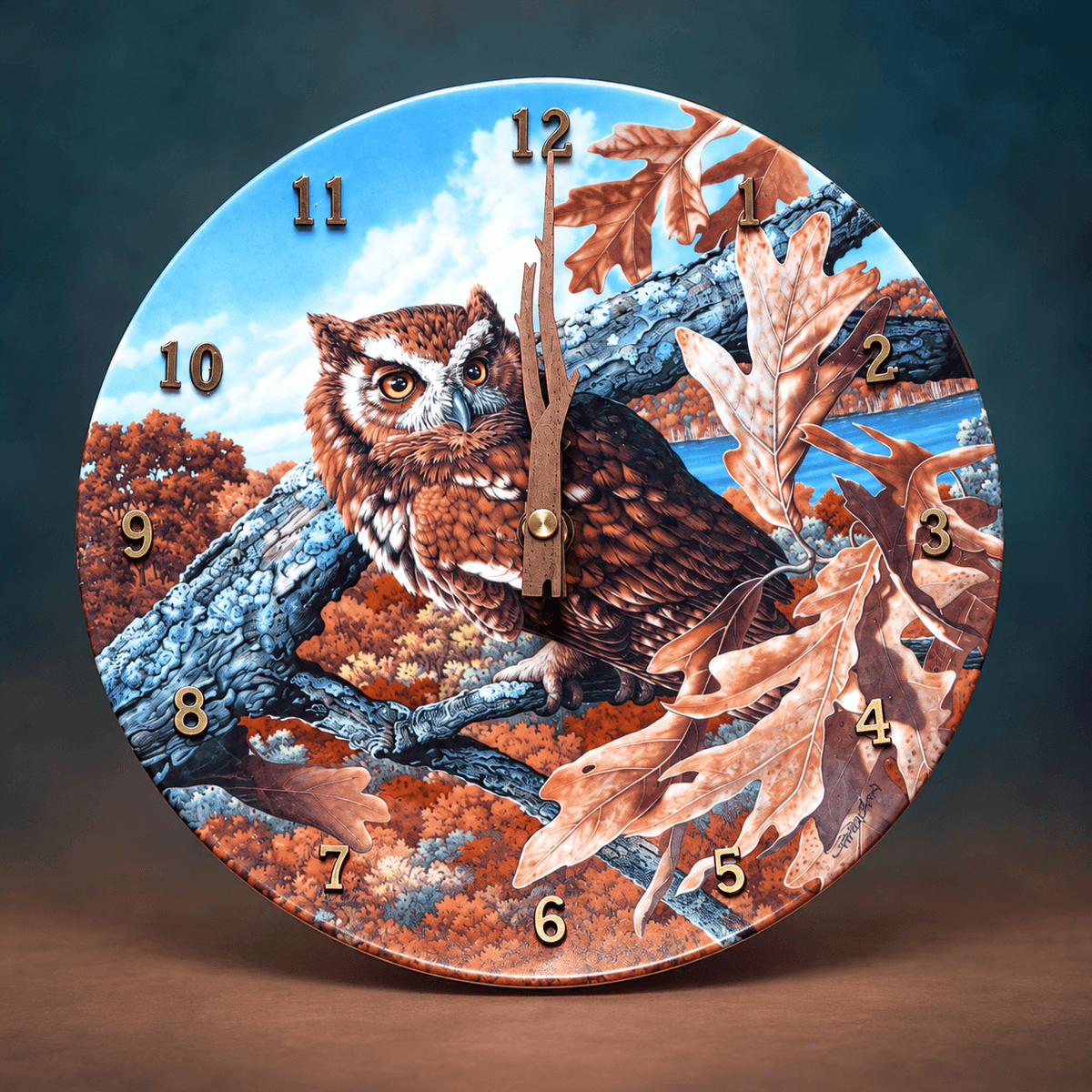 Owl tabletop clock close-up showing wood-grain hands and vintage-style numbers