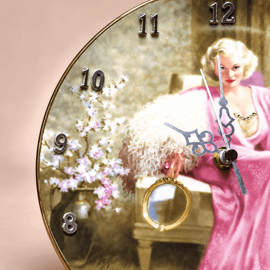 Jean Harlow collector plate clock featuring Kitty Packard in a pink gown with white fur, silver details and crystal embellishments