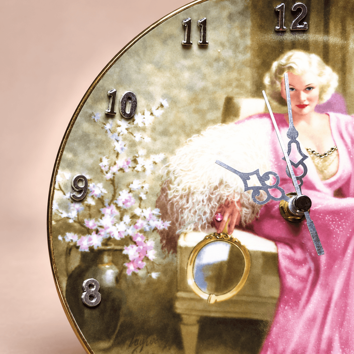 Jean Harlow collector plate clock featuring Kitty Packard in a pink gown with white fur, silver details and crystal embellishments