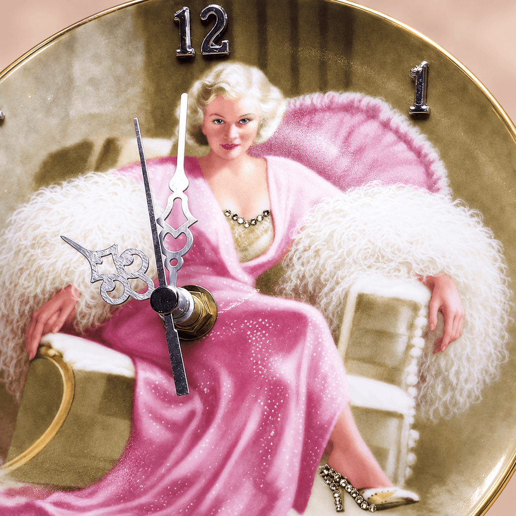 Jean Harlow collector plate clock featuring Kitty Packard in a pink gown with white fur, silver details and crystal embellishments