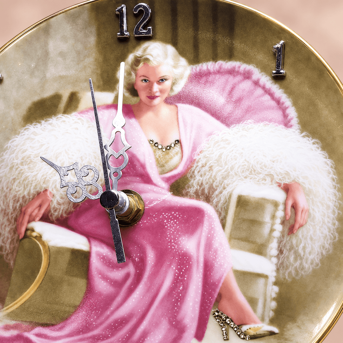 Jean Harlow collector plate clock featuring Kitty Packard in a pink gown with white fur, silver details and crystal embellishments
