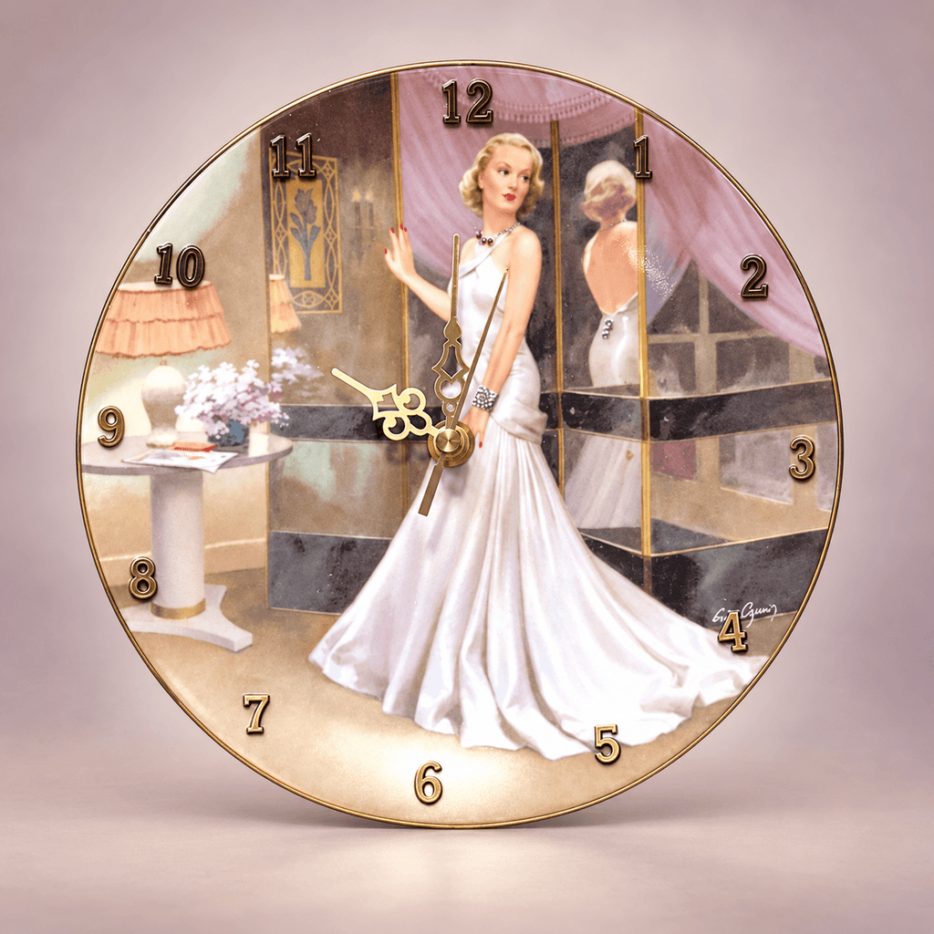 Carole Lombard collector plate clock featuring the actress in an ivory satin gown