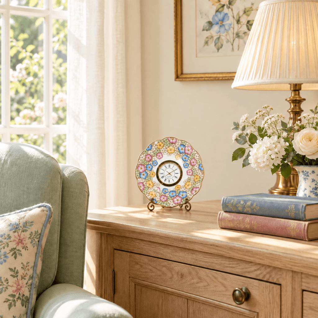 Pastel mosaic china plate clock with pink, blue and yellow flowers, mint-green accents and a gold Roman numeral clock face