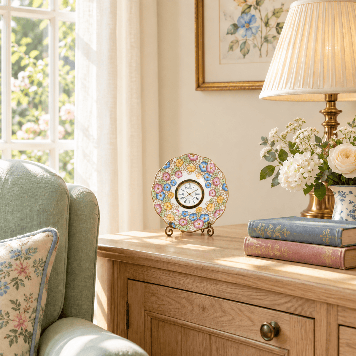 Pastel mosaic china plate clock with pink, blue and yellow flowers, mint-green accents and a gold Roman numeral clock face