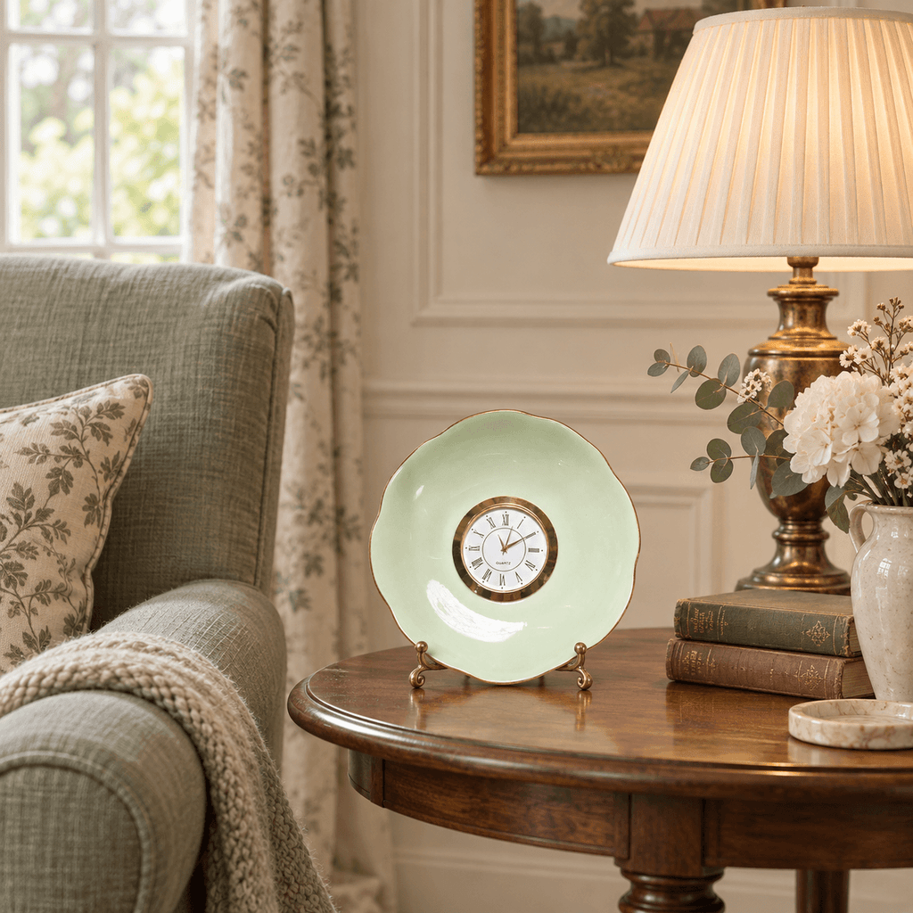 Celadon china plate clock with a pale-green scalloped plate, slender gold rim and gold Roman numeral clock face