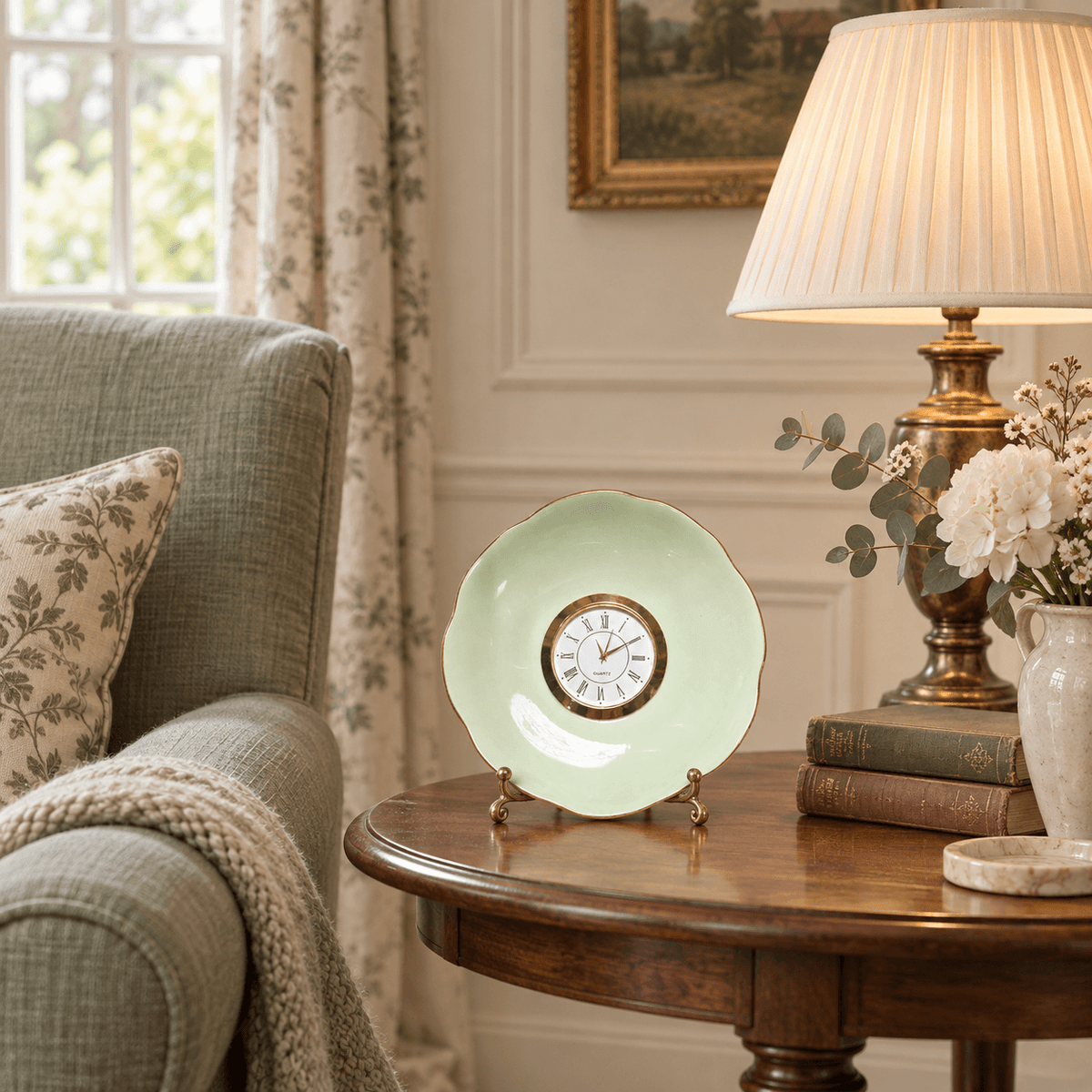 Celadon china plate clock with a pale-green scalloped plate, slender gold rim and gold Roman numeral clock face