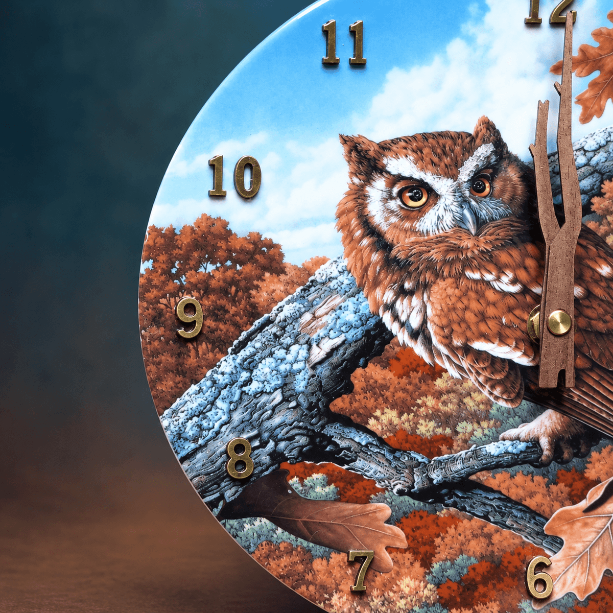 Owl tabletop clock with copper, rust and golden-brown autumn woodland details