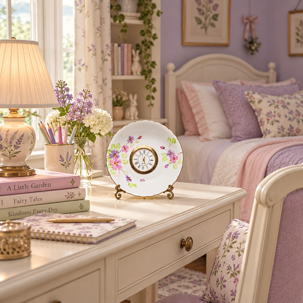 Close-up of the lavender floral plate clock with its gold-tone Roman numeral clock face
