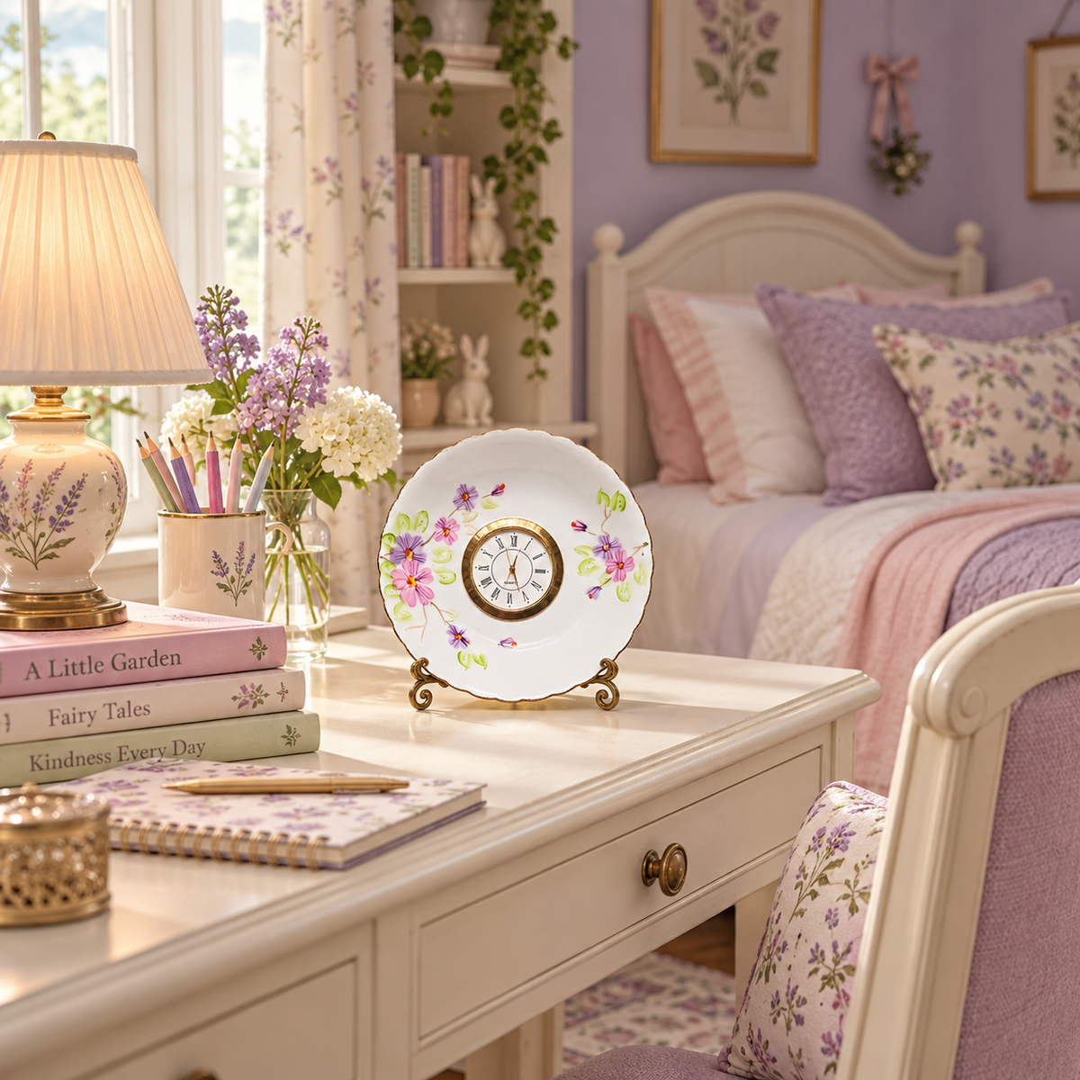 Close-up of the lavender floral plate clock with its gold-tone Roman numeral clock face