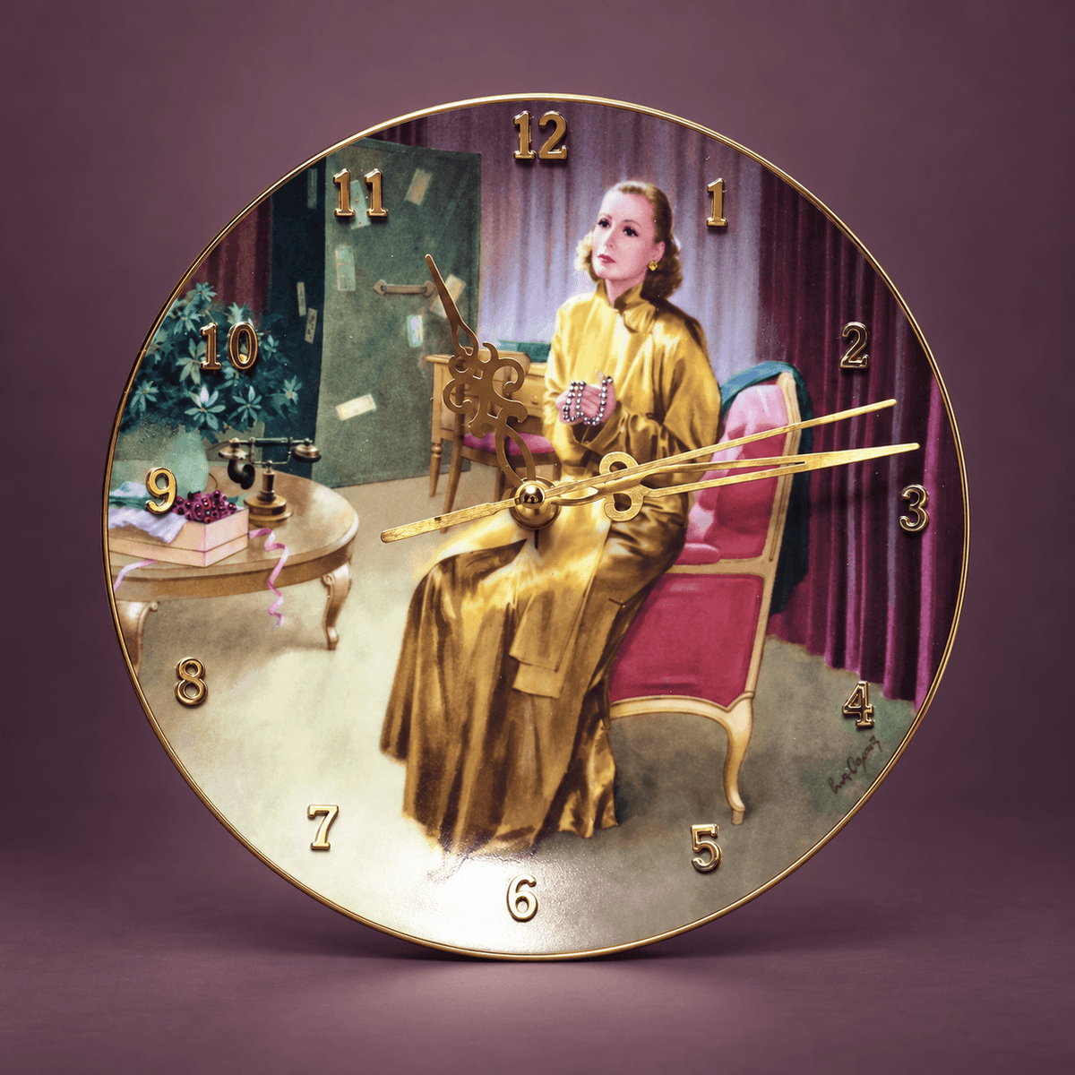 Greta Garbo collector plate clock featuring Grusinskaya in a gold satin gown
