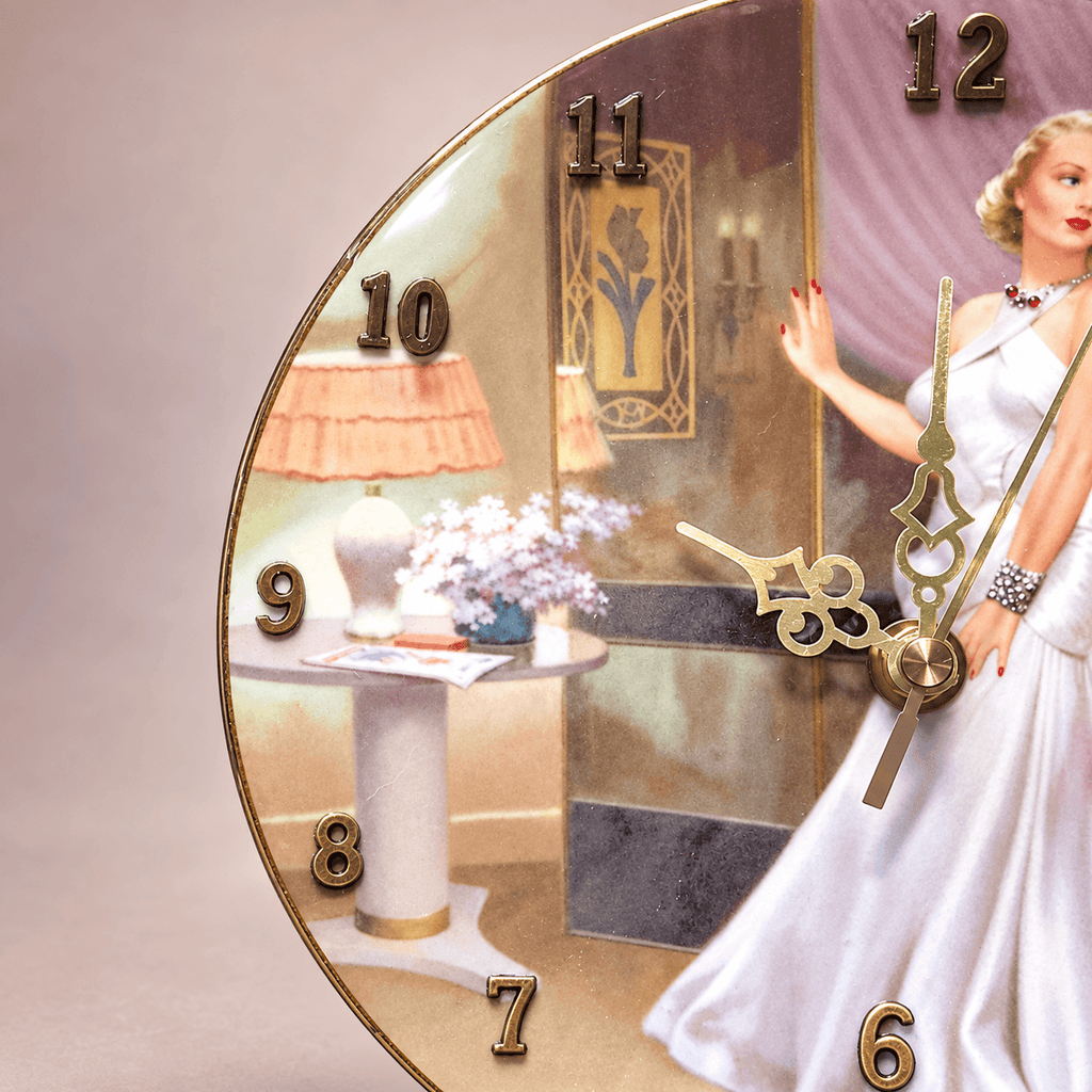 Carole Lombard collector plate clock with crystal embellishments and a delicate gold rim