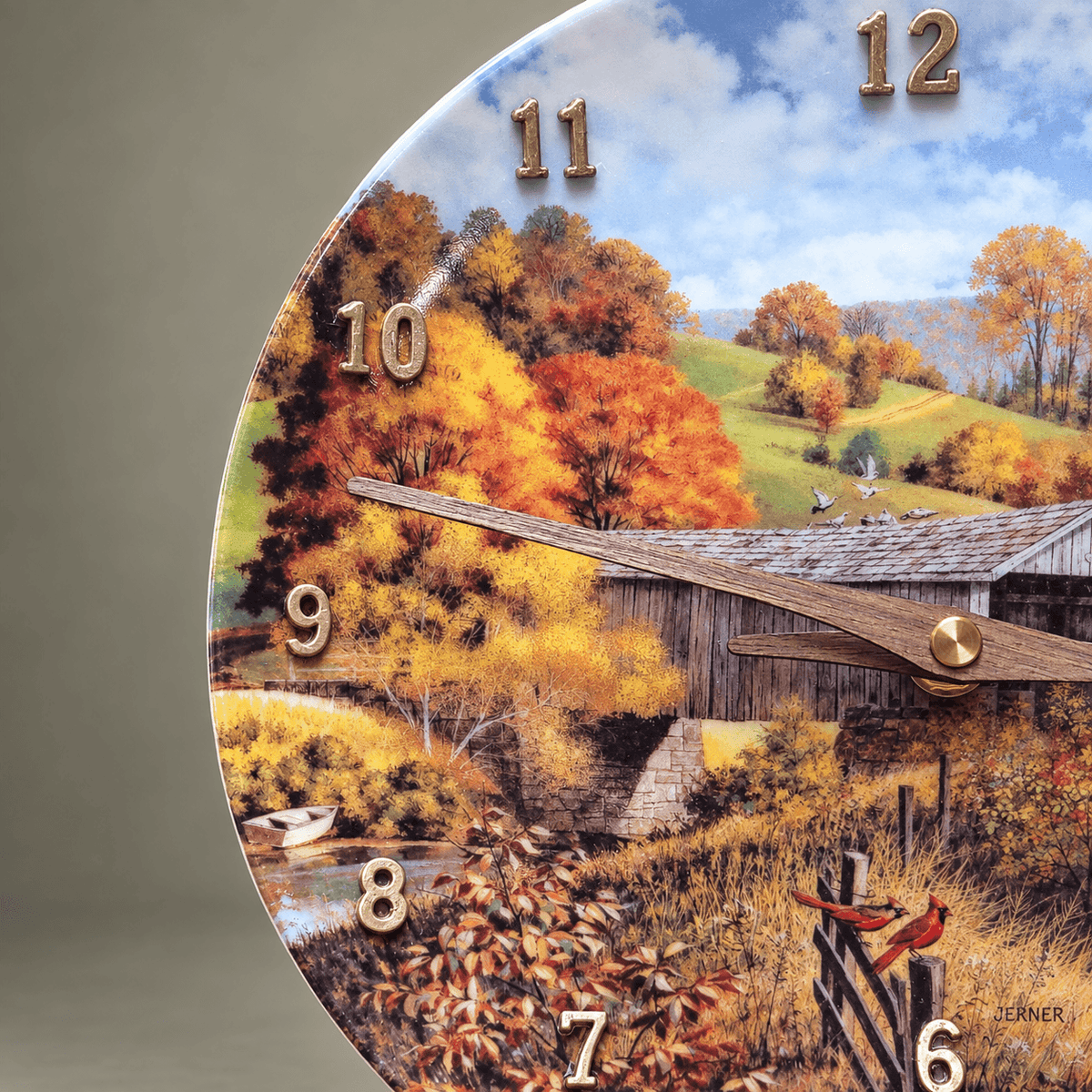 Autumn Crossing tabletop clock showing a rustic bridge, country road and red cardinals