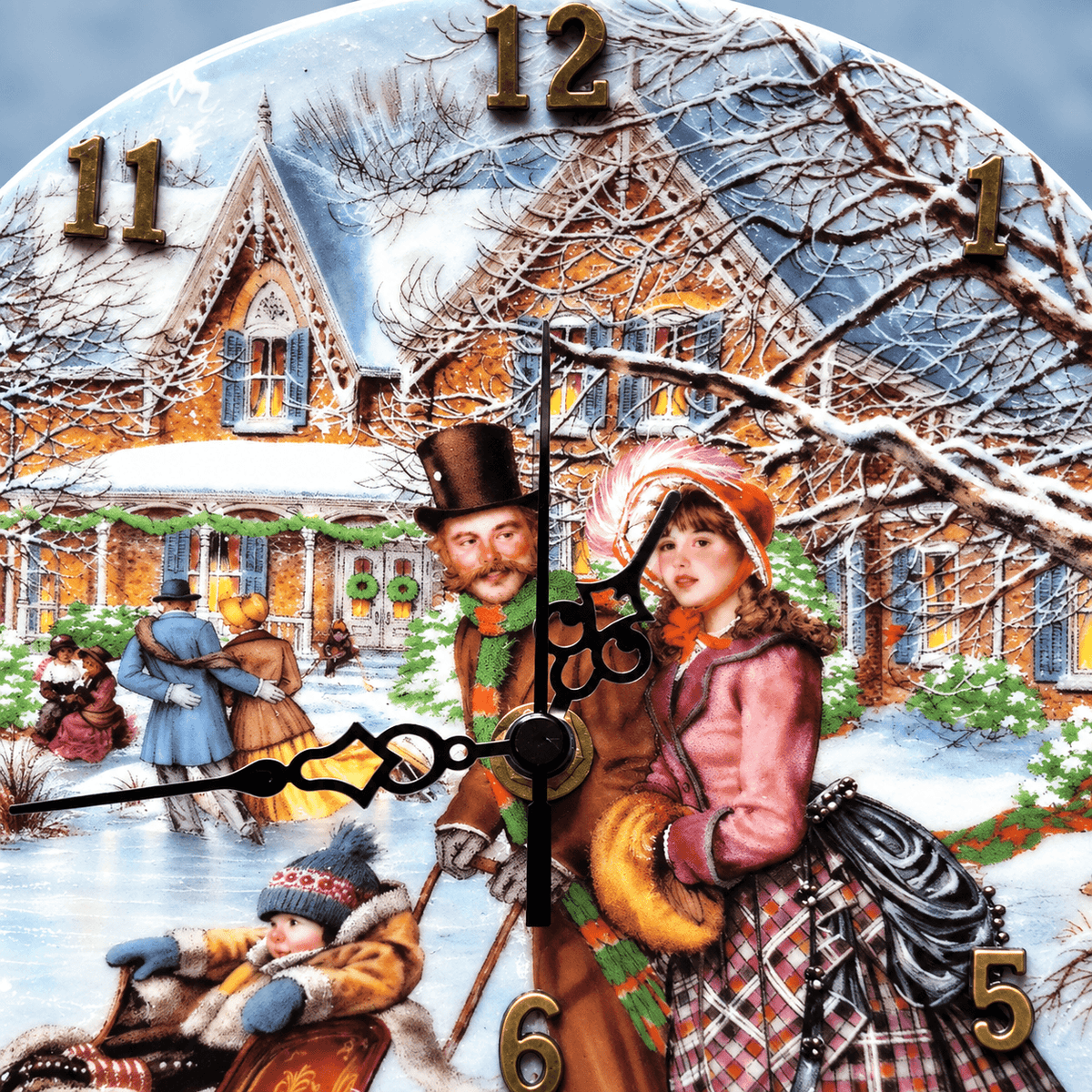Skating on the Pond collector plate clock featuring Victorian ice skaters, a child on a sleigh and a snowy home