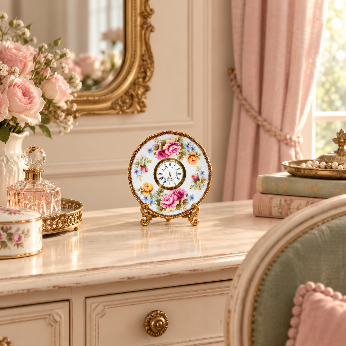 Woodland floral plate clock with a cream-and-olive blossom, colourful foliage and a scalloped gold rim