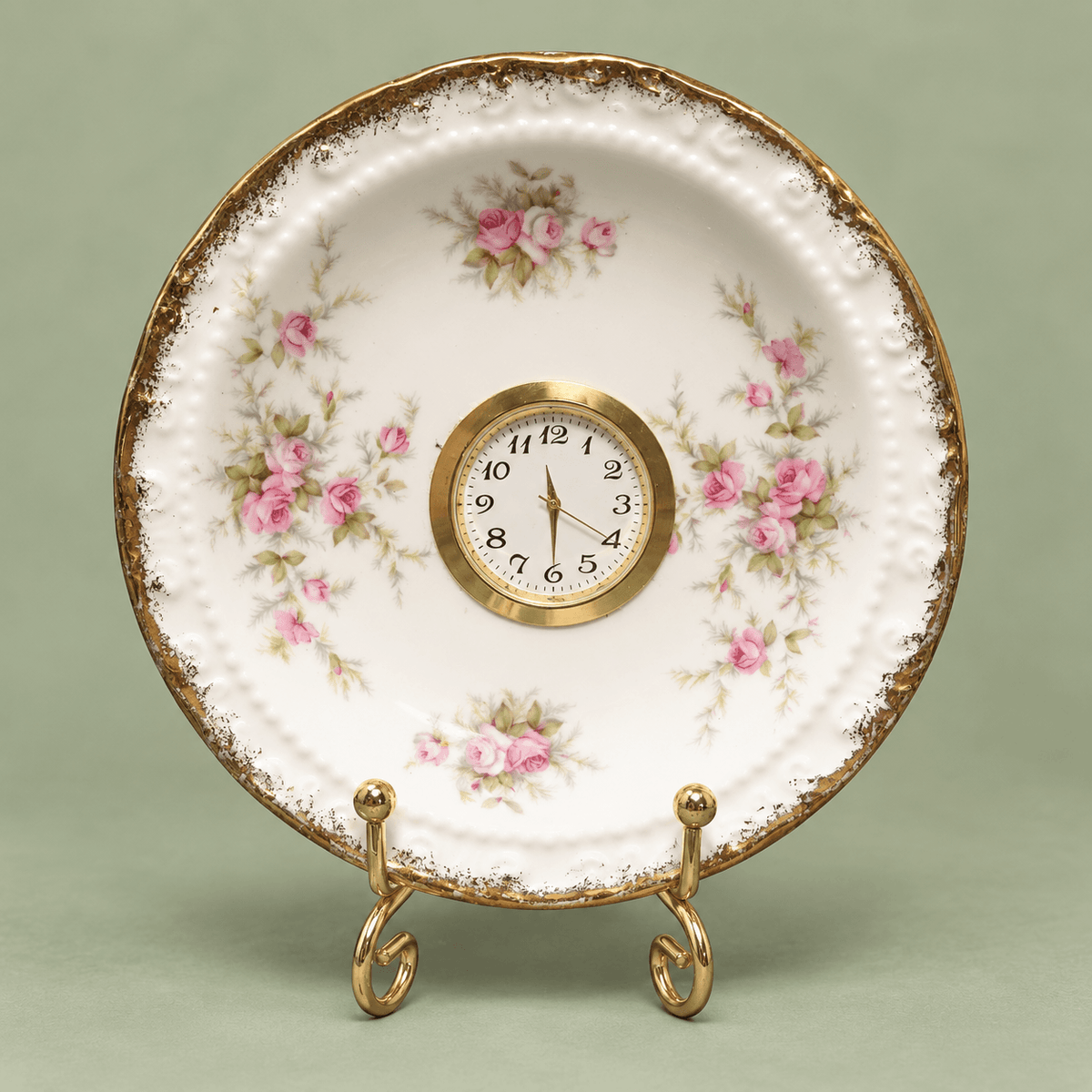 Vintage floral plate clock Little Gem with pink roses and gold-tone clock face