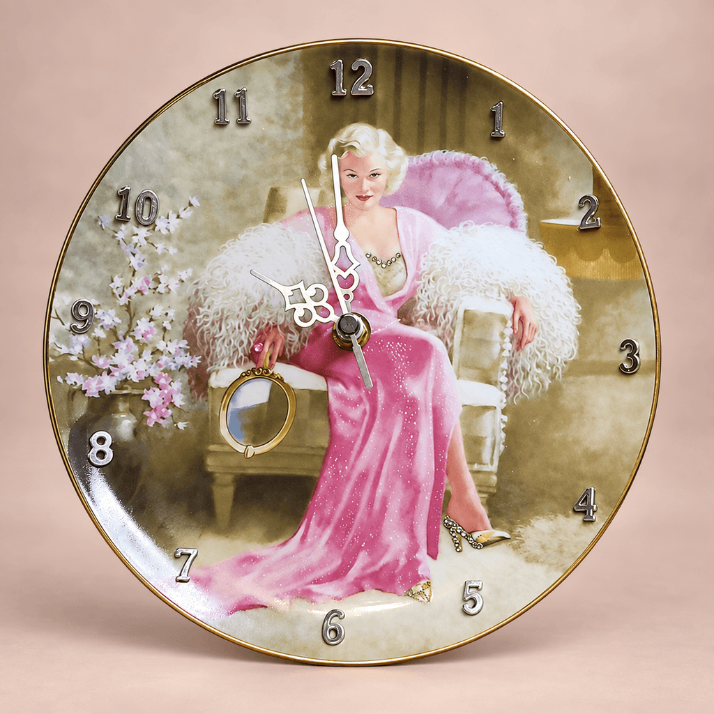 Jean Harlow collector plate clock featuring Kitty Packard in a pink gown with white fur, silver details and crystal embellishments