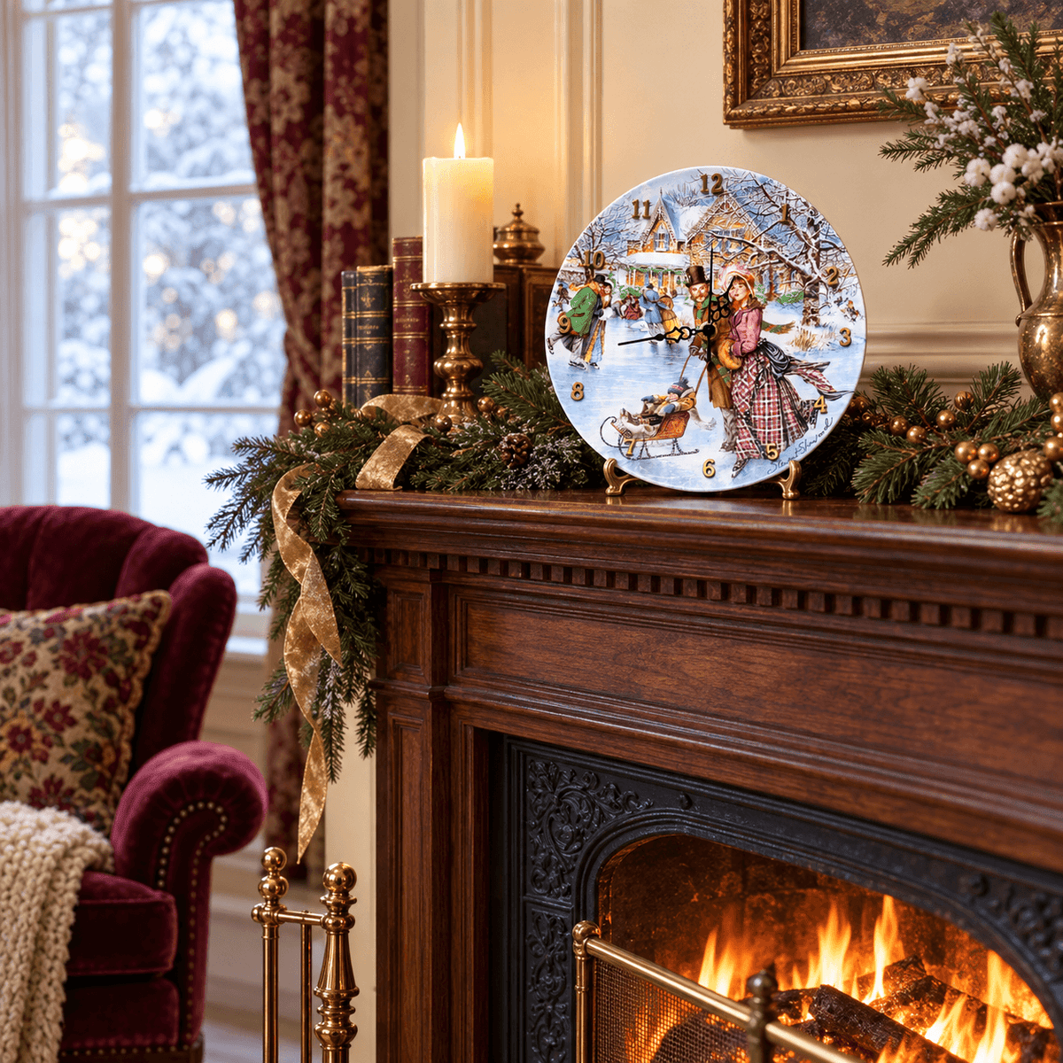 Skating on the Pond collector plate clock featuring Victorian ice skaters, a child on a sleigh and a snowy home