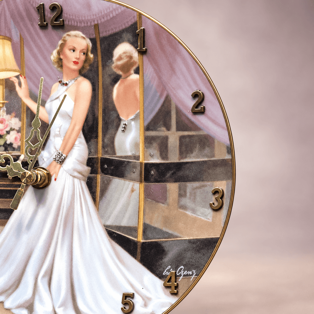 Carole Lombard collector plate clock with antique-brass numbers and ornate gold-tone hands