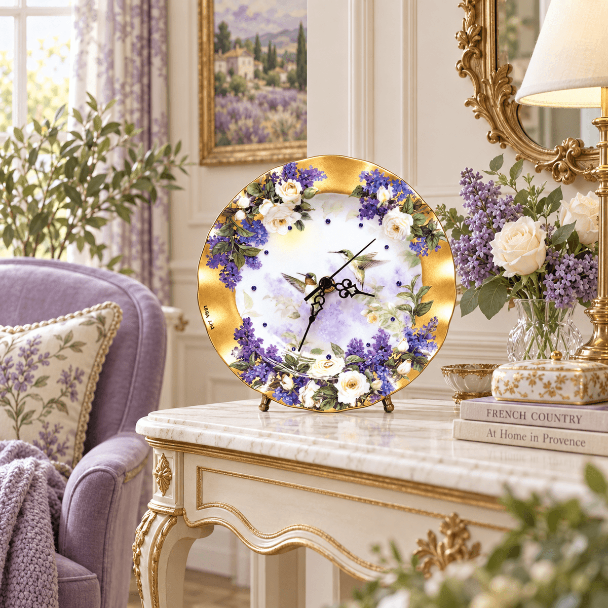 Hummingbird decorative plate clock with two hummingbirds, purple lilacs, ivory roses and sapphire-blue crystal hour markers
