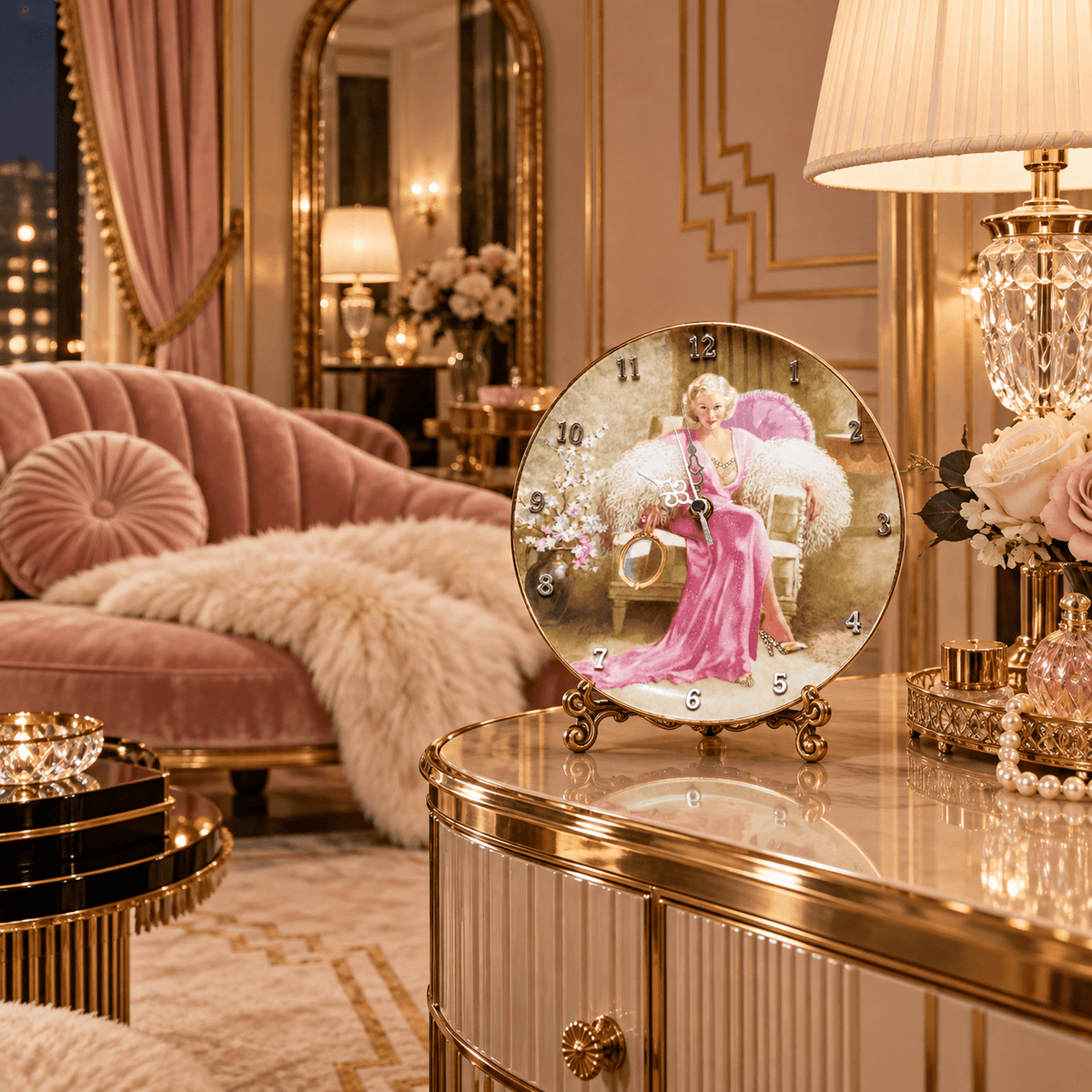 Jean Harlow collector plate clock featuring Kitty Packard in a pink gown with white fur, silver details and crystal embellishments