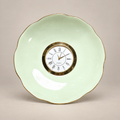 Celadon china plate clock with a pale-green scalloped plate, slender gold rim and gold Roman numeral clock face