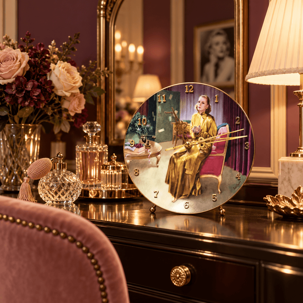 Greta Garbo collector plate clock showing crystal embellishments and a delicate gold rim