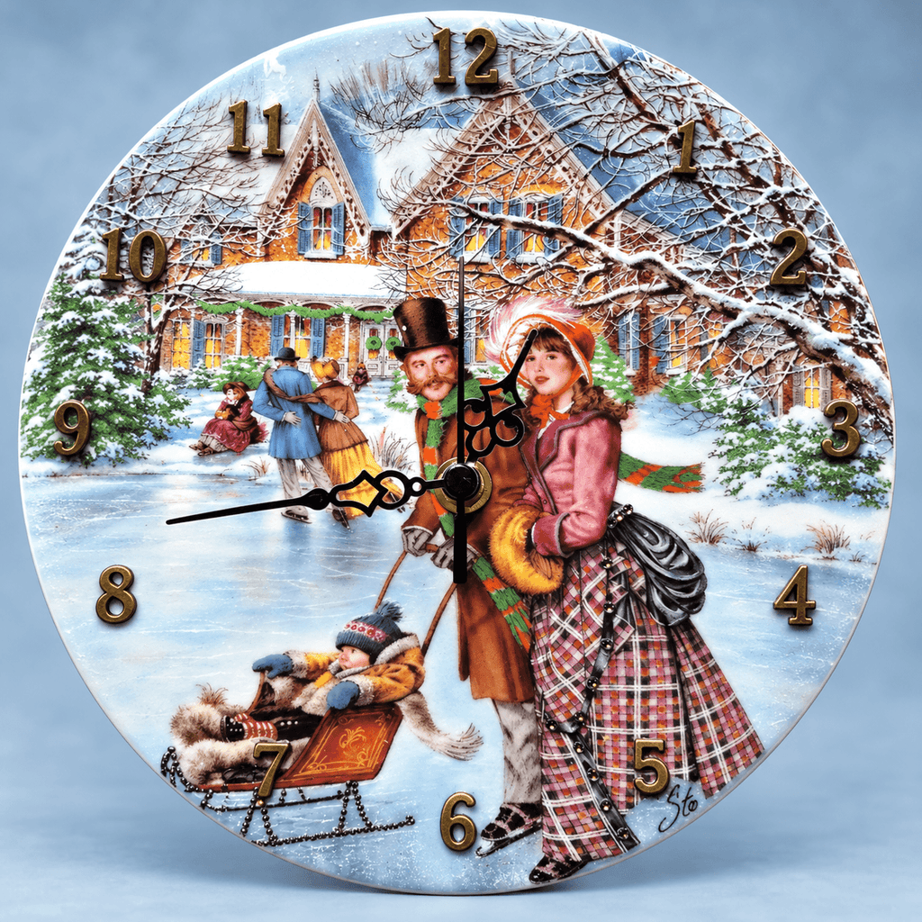 Skating on the Pond collector plate clock featuring Victorian ice skaters, a child on a sleigh and a snowy home