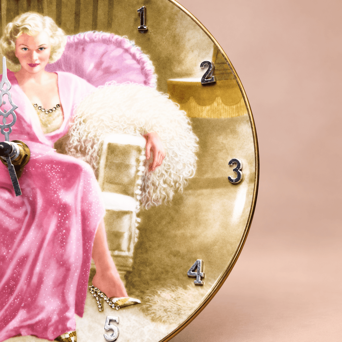 Jean Harlow collector plate clock featuring Kitty Packard in a pink gown with white fur, silver details and crystal embellishments