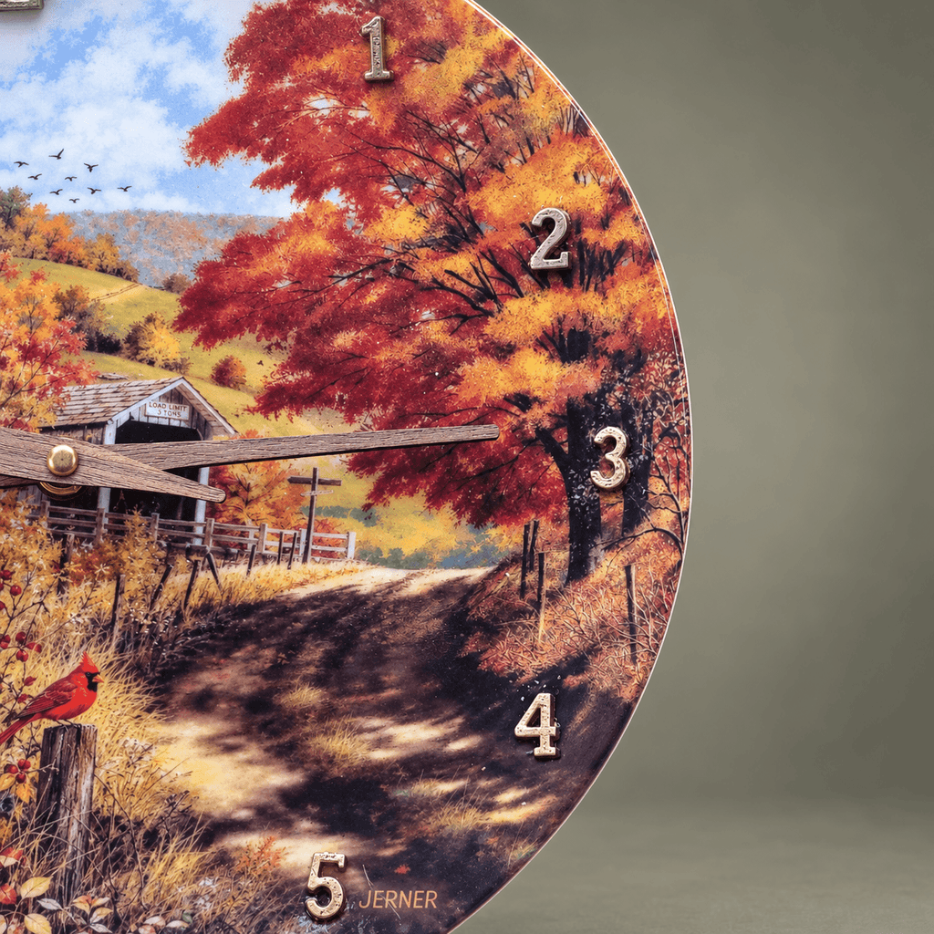 Autumn Crossing tabletop clock with antique-brass numbers and wood-grain clock hands