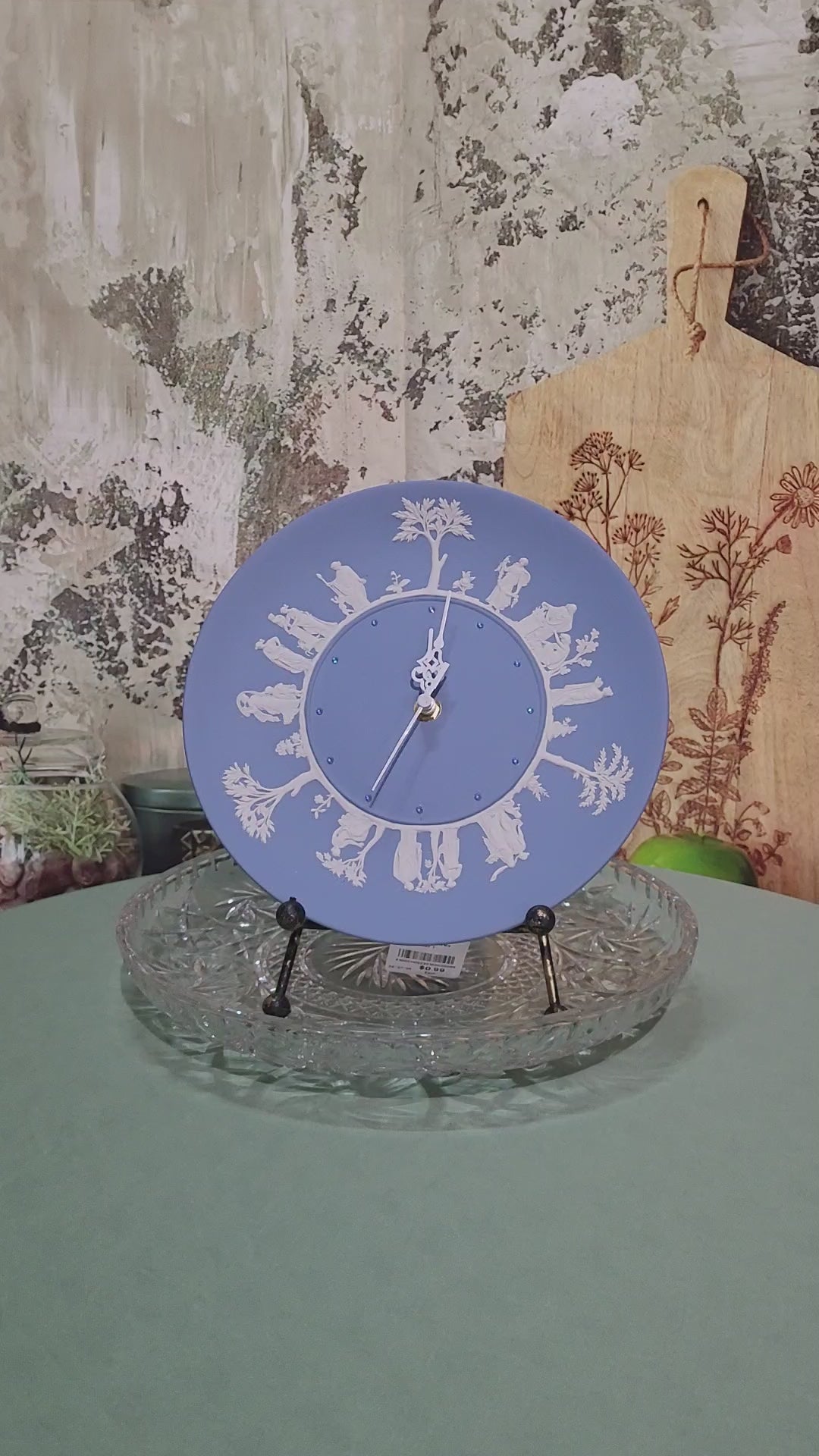 Wedgwood-Style Blue Jasperware Plate Clock with Crystals
