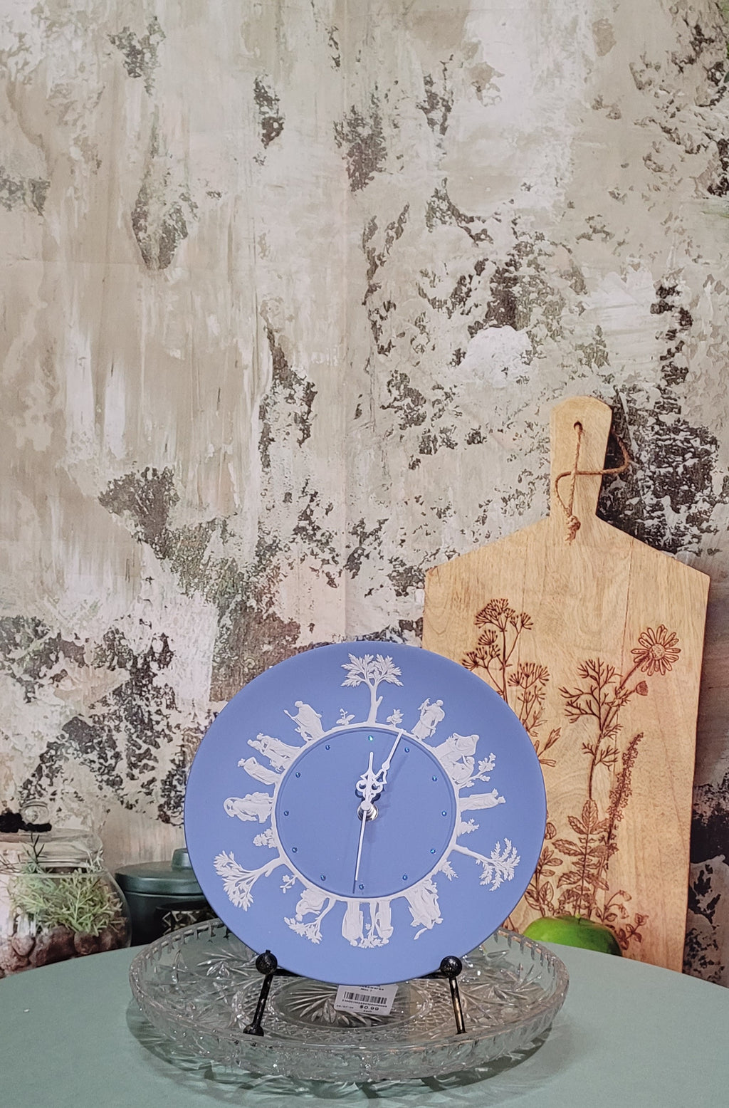 Wedgwood-Style Blue Jasperware Plate Clock with Crystals