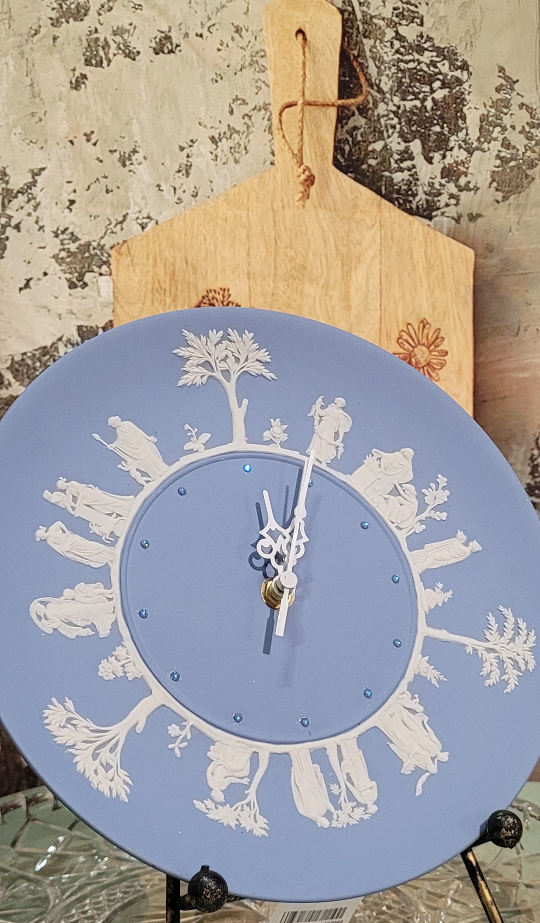 Wedgwood-Style Blue Jasperware Plate Clock with Crystals