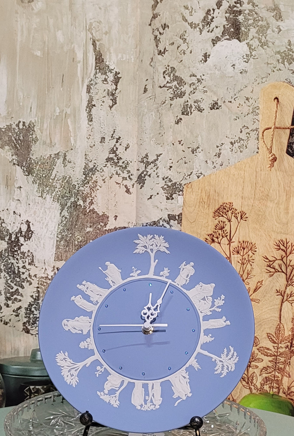 Wedgwood-Style Blue Jasperware Plate Clock with Crystals