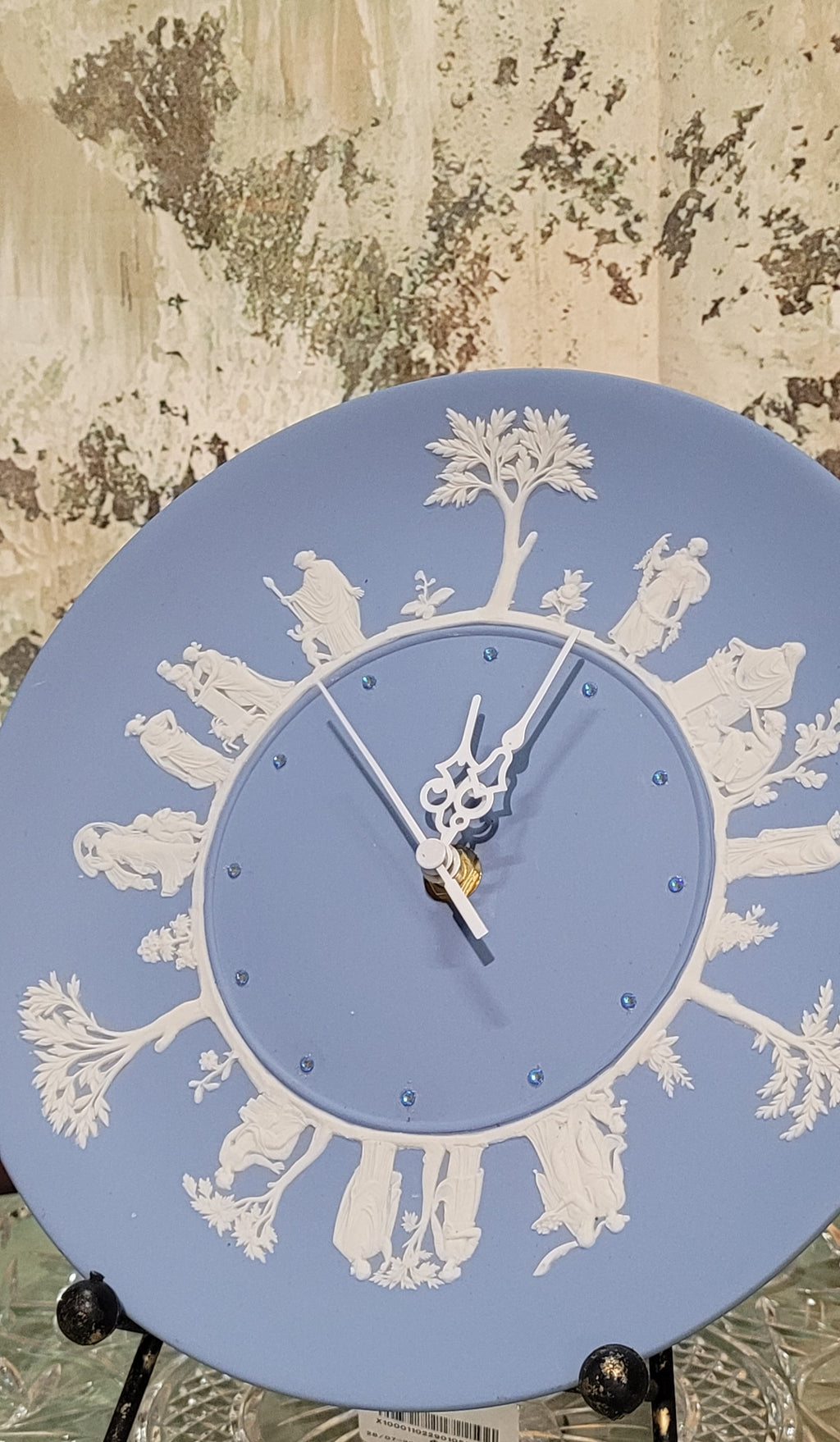 Wedgwood-Style Blue Jasperware Plate Clock with Crystals