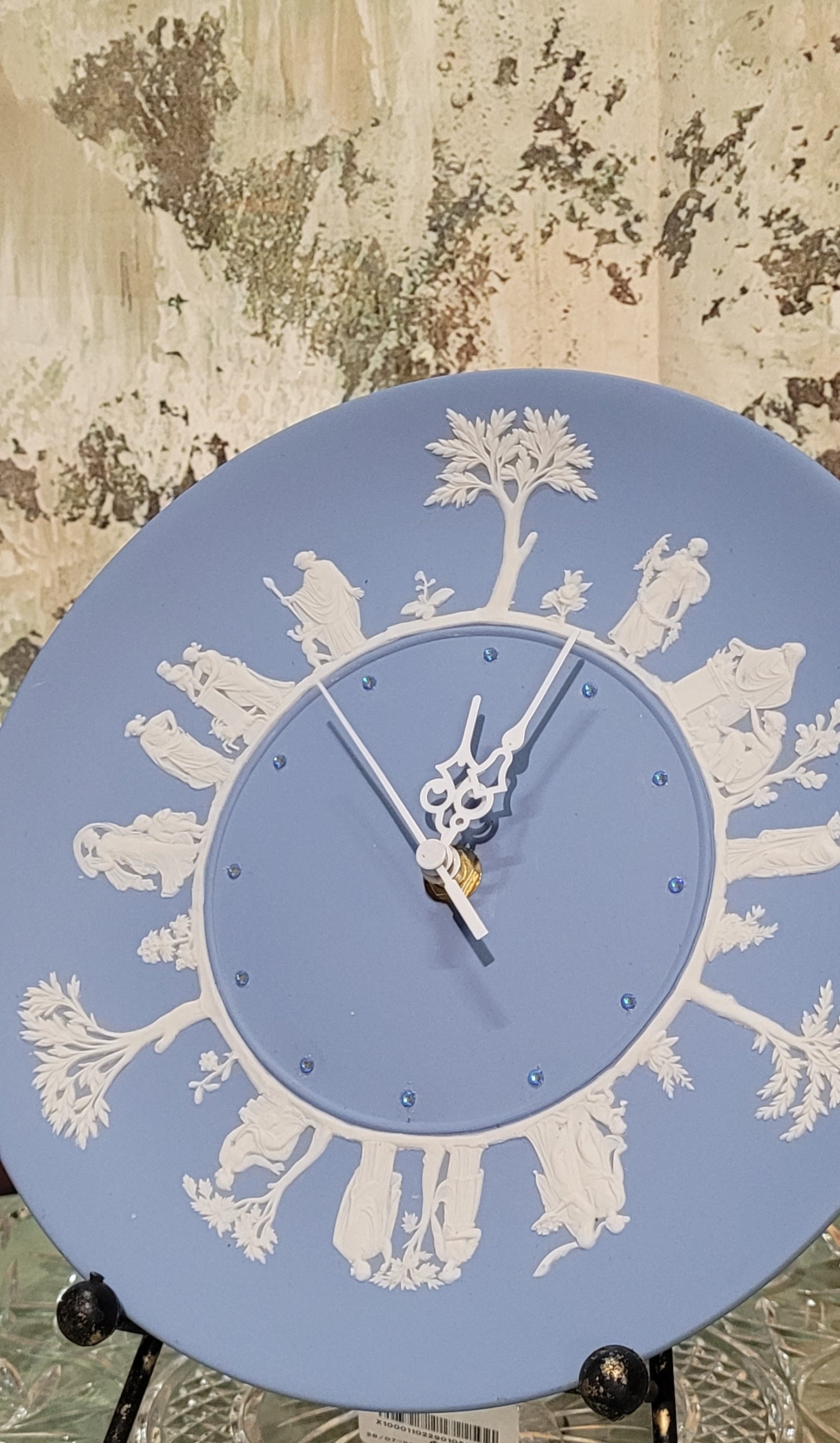 Wedgwood-Style Blue Jasperware Plate Clock with Crystals